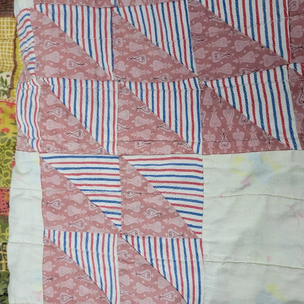 Vtg Handmade Patchwork Quilt Reversible 74x69 Farmhouse Throw Machine Stitch